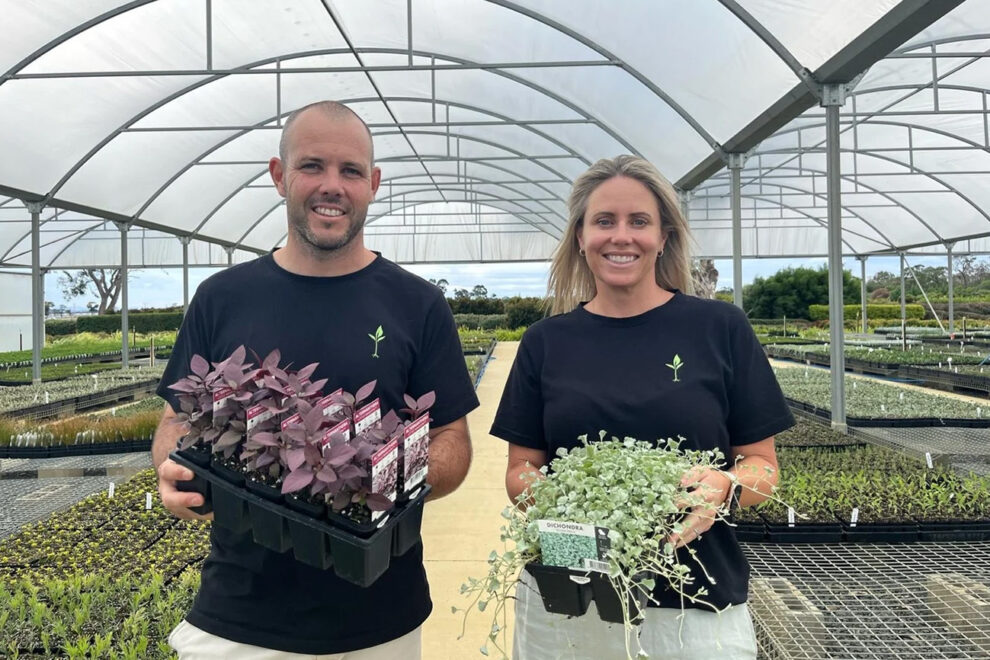 Matt Mansfield and Symone Young from Mansfield Nursery Victoria holding plants